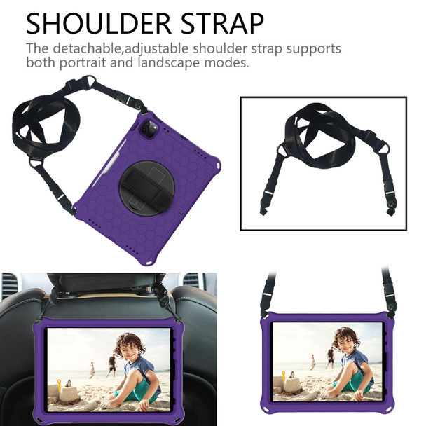 360 Degree Rotation Honeycomb Shockproof Silicone PC Protective Tablet Case with Holder & Shoulder Strap & Hand Strap - iPad Pro 11 (2021) / (2020) / (2018)(Purple Black)