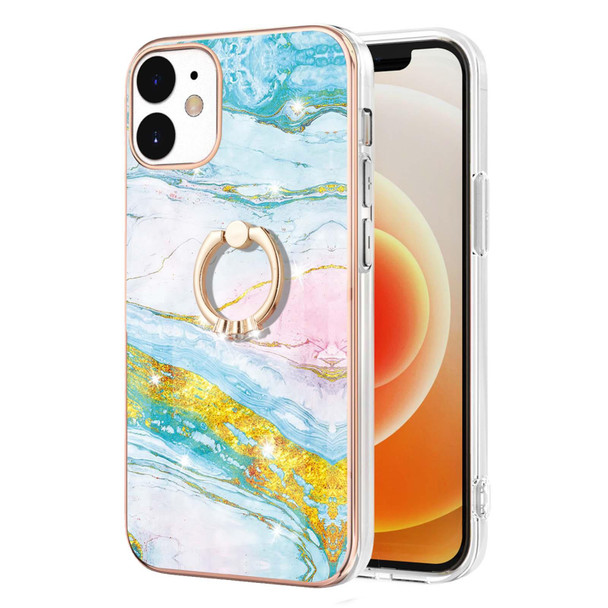 Electroplating Marble Pattern IMD TPU Shockproof Case with Ring Holder - iPhone 12 / 12 Pro(Green 004)