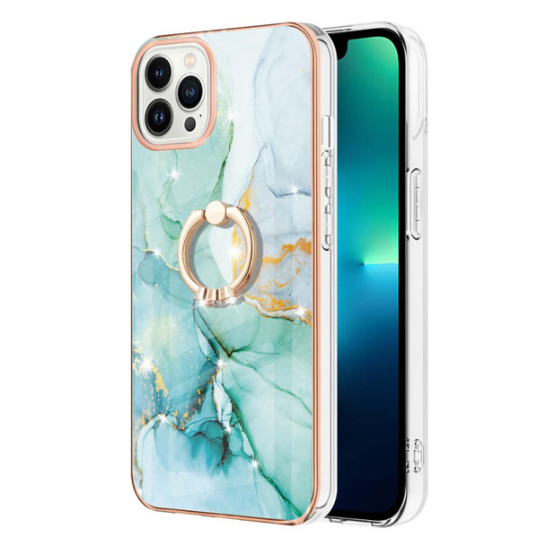 Electroplating Marble Pattern IMD TPU Shockproof Case with Ring Holder - iPhone 13 Pro Max( Green 003)