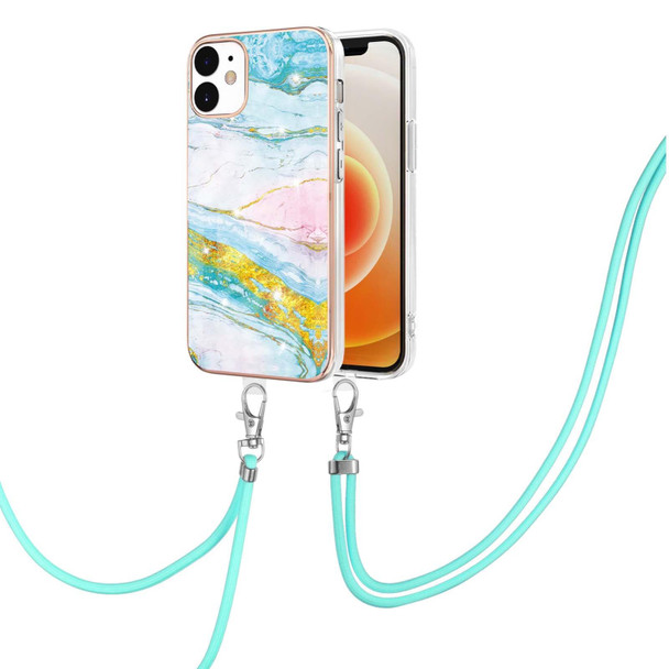 Electroplating Marble Pattern IMD TPU Shockproof Case with Neck Lanyard - iPhone 12 / 12 Pro(Green 004)