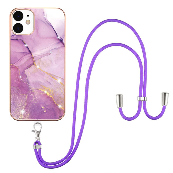 Electroplating Marble Pattern IMD TPU Shockproof Case with Neck Lanyard - iPhone 12 / 12 Pro(Purple 001)