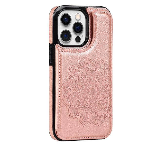 Double Buckle Mandala Pattern PU+TPU Protective Case with Card Slots & Holder & Photo Frame - iPhone 13 Pro(Rose Gold)