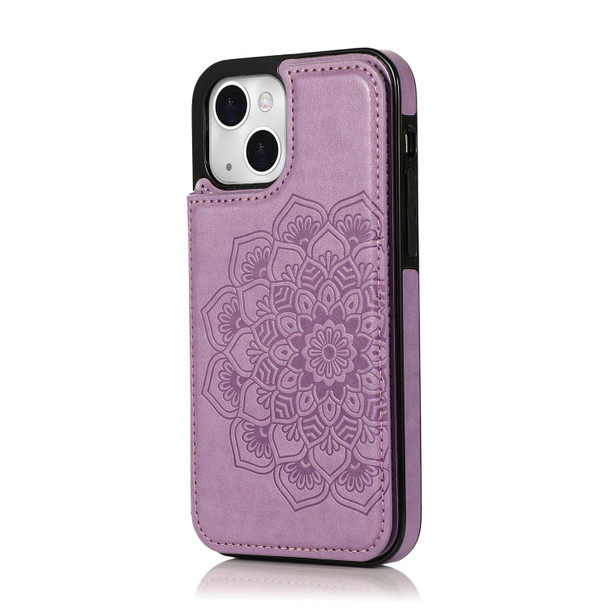 Double Buckle Mandala Pattern PU+TPU Protective Case with Card Slots & Holder & Photo Frame - iPhone 13(Purple)