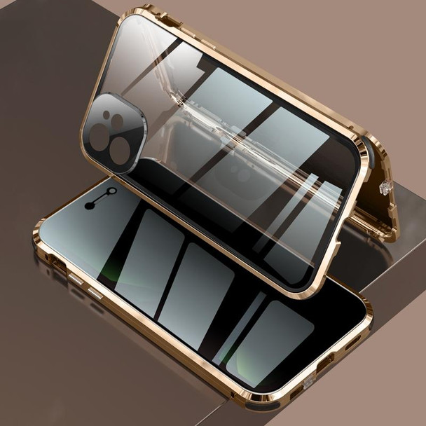 Four-corner Shockproof Anti-peeping Magnetic Metal Frame Double-sided Tempered Glass Case - iPhone 12 mini(Gold)