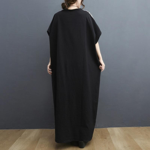 Ladies Cotton Linen Retro V-neck Color Matching Long Robe Dress (Color:Black Size:One Size)