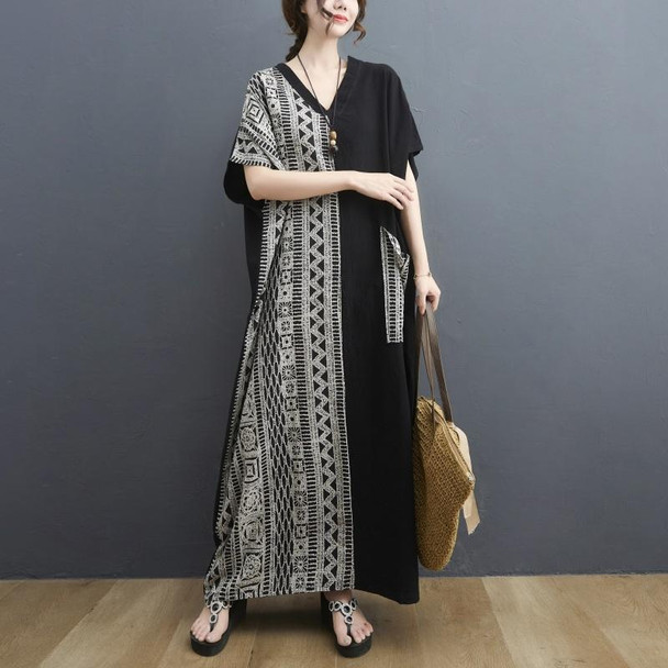 Ladies Cotton Linen Retro V-neck Color Matching Long Robe Dress (Color:Black Size:One Size)