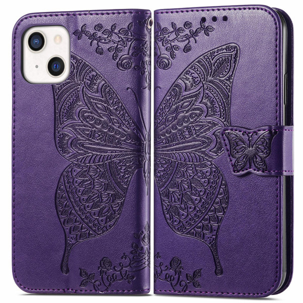 Butterfly Love Flower Embossed Horizontal Flip Leatherette Case with Bracket / Card Slot / Wallet / Lanyard - iPhone 13(Dark Purple)