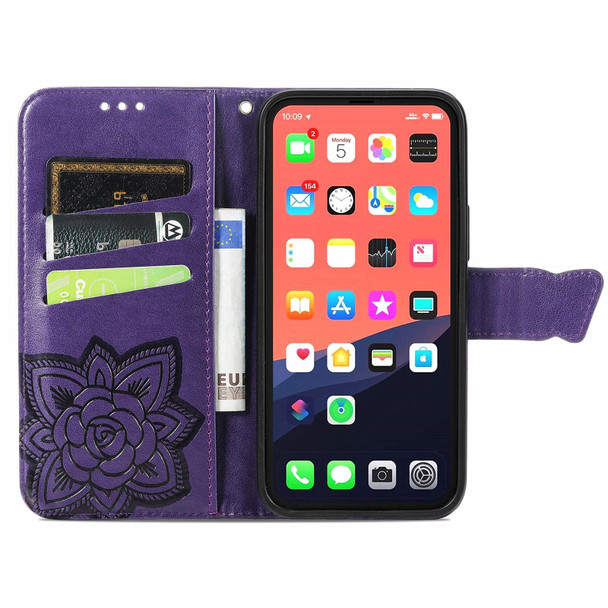 Butterfly Love Flower Embossed Horizontal Flip Leatherette Case with Bracket / Card Slot / Wallet / Lanyard - iPhone 13(Dark Purple)