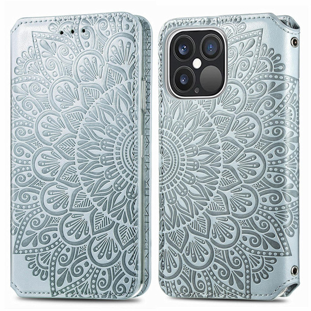 iPhone 13 Pro Max Blooming Mandala Embossed Pattern Magnetic Horizontal Flip Leather Case with Holder & Card Slots & Wallet(Grey)