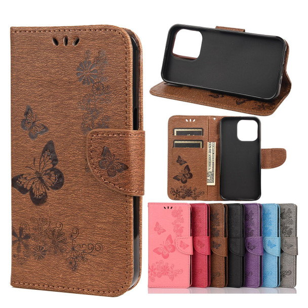 Vintage Embossed Floral Butterfly Pattern Horizontal Flip Leather Case with Card Slot & Holder & Wallet & Lanyard - iPhone 13(Brown)