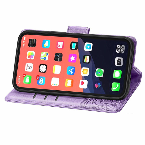 Butterfly Love Flower Embossed Horizontal Flip Leatherette Case with Bracket / Card Slot / Wallet / Lanyard - iPhone 13 Pro Max(Light Purple)