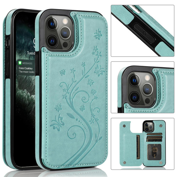 Butterflies Flowers Double Buckle PU + TPU Protective Case with Holder & Card Slots & Photo Frame - iPhone 12 / 12 Pro(Green)