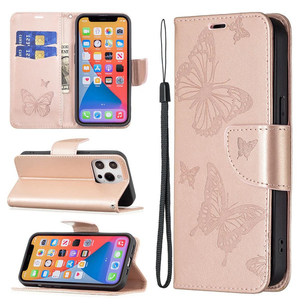 Embossing Two Butterflies Pattern Horizontal Flip PU Leatherette Case with Holder & Card Slot & Wallet & Lanyard - iPhone 13 Pro Max(Rose Gold)