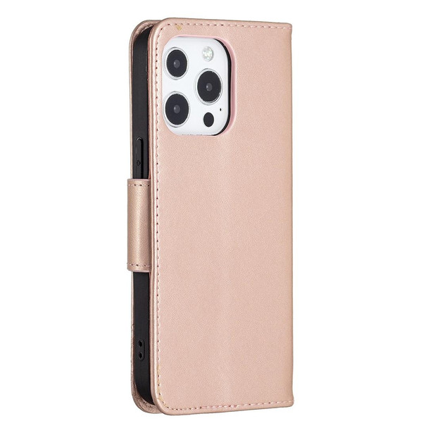 Embossing Two Butterflies Pattern Horizontal Flip PU Leatherette Case with Holder & Card Slot & Wallet & Lanyard - iPhone 13 Pro Max(Rose Gold)