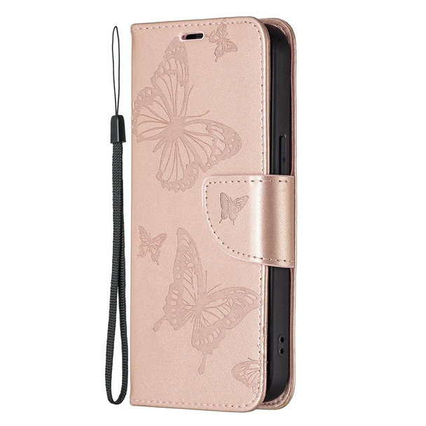 Embossing Two Butterflies Pattern Horizontal Flip PU Leatherette Case with Holder & Card Slot & Wallet & Lanyard - iPhone 13 Pro Max(Rose Gold)