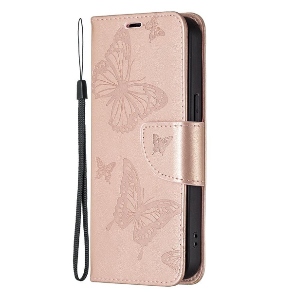 Embossing Two Butterflies Pattern Horizontal Flip PU Leatherette Case with Holder & Card Slot & Wallet & Lanyard - iPhone 13 Pro(Rose Gold)