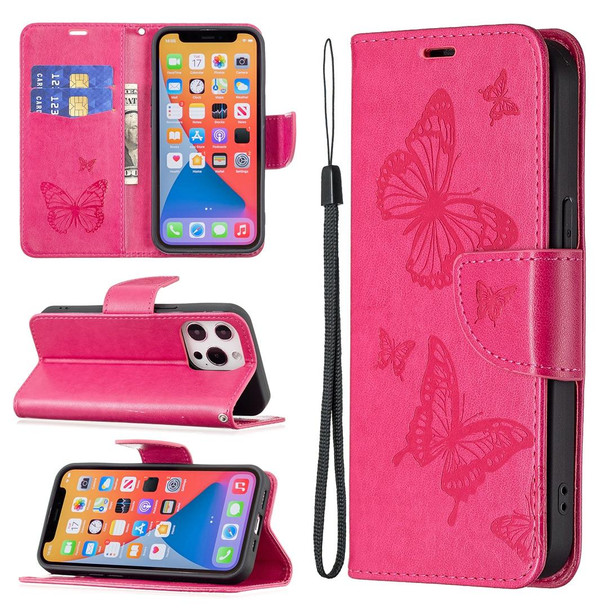 Embossing Two Butterflies Pattern Horizontal Flip PU Leatherette Case with Holder & Card Slot & Wallet & Lanyard - iPhone 13(Rose Red)