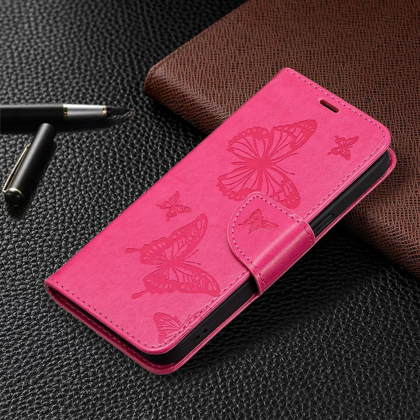 Embossing Two Butterflies Pattern Horizontal Flip PU Leatherette Case with Holder & Card Slot & Wallet & Lanyard - iPhone 13(Rose Red)