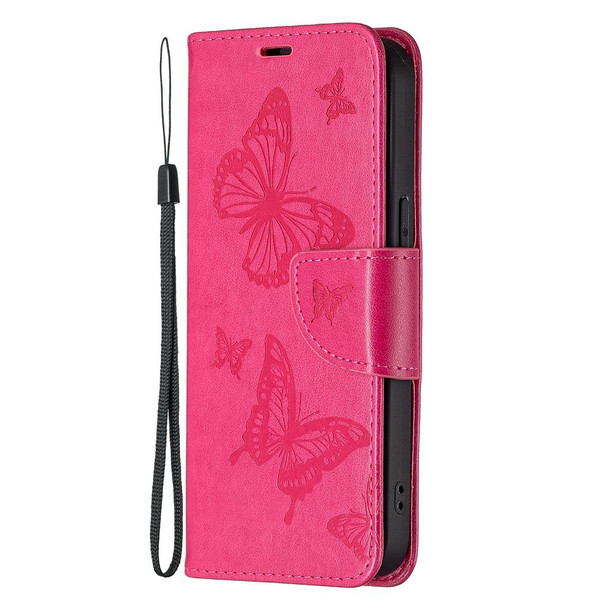 Embossing Two Butterflies Pattern Horizontal Flip PU Leatherette Case with Holder & Card Slot & Wallet & Lanyard - iPhone 13 mini(Rose Red)