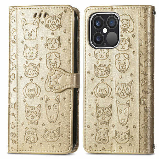 Cute Cat and Dog Embossed Horizontal Flip Leatherette Case with Holder & Card Slots & Wallet & Lanyard - iPhone 13 Pro Max(Gold)