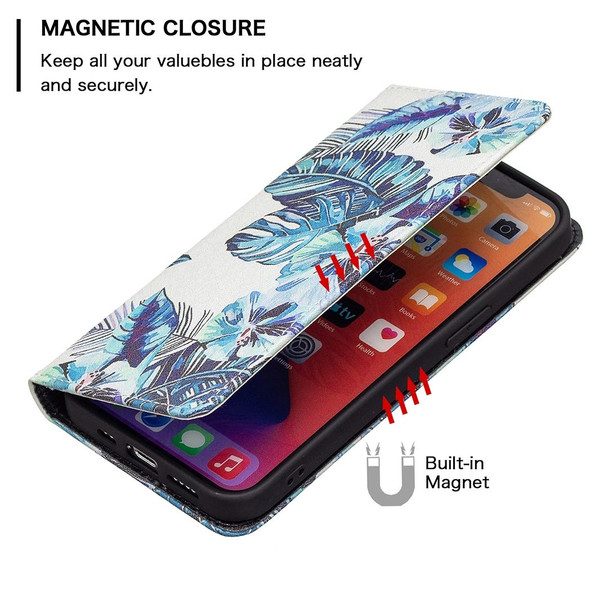 Colored Drawing Pattern Invisible Magnetic Horizontal Flip PU Leatherette Case with Holder & Card Slots & Wallet - iPhone 13 Pro Max(Blue Leaves)