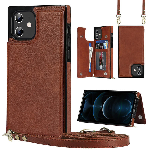 Cross-body Square Double Buckle Flip Card Bag TPU+PU Case with Card Slots & Wallet & Photo & Strap - iPhone 12 / 12 Pro(Brown)