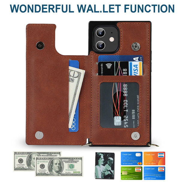 Cross-body Square Double Buckle Flip Card Bag TPU+PU Case with Card Slots & Wallet & Photo & Strap - iPhone 12 mini(Brown)