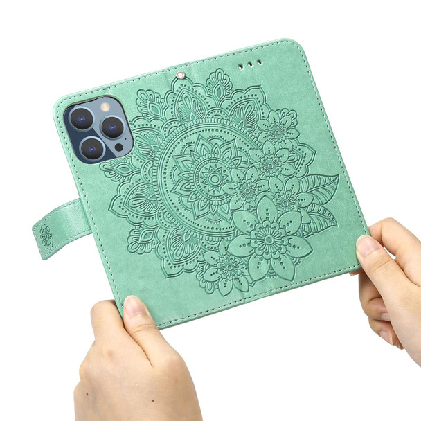 7-petal Flowers Embossing Pattern Horizontal Flip PU Leatherette Case with Holder & Card Slots & Wallet & Photo Frame - iPhone 13 Pro(Green)