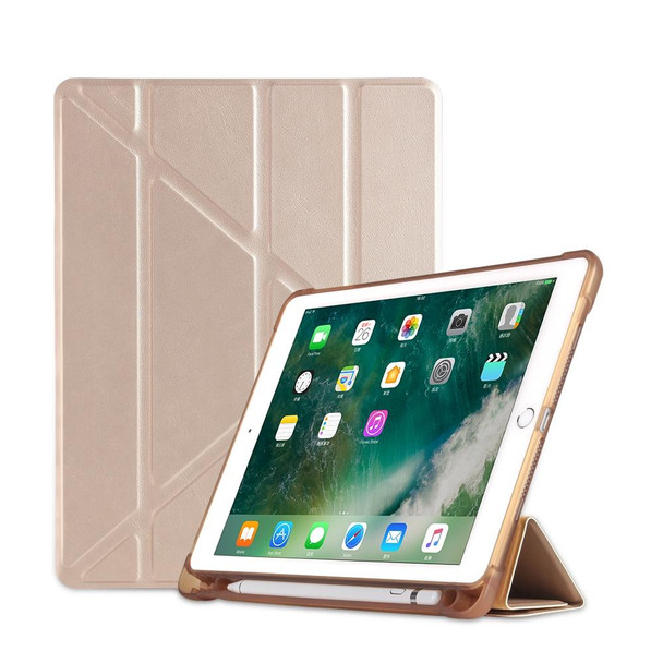 Multi-folding Shockproof TPU Protective Case for iPad 9.7 (2018) / 9.7 (2017) / air / air2, with Holder & Pen Slot(Gold)