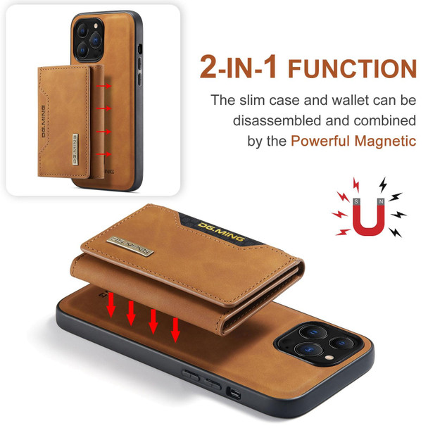 DG.MING M2 Series 3-Fold Card Bag + Magnetic Shockproof Case with Wallet & Holder Function - iPhone 13 Pro(Brown)