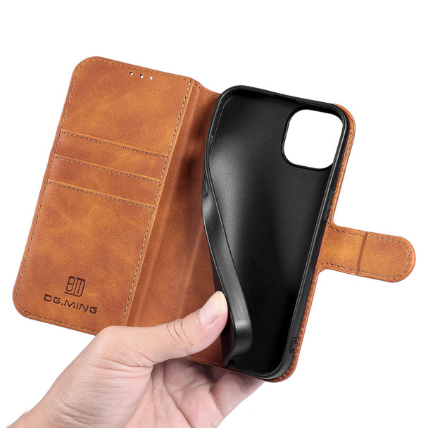 DG.MING Retro Oil Side Horizontal Flip Leatherette Case with Holder & Card Slots & Wallet - iPhone 13(Brown)