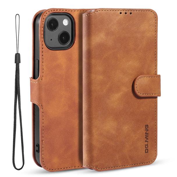 DG.MING Retro Oil Side Horizontal Flip Leatherette Case with Holder & Card Slots & Wallet - iPhone 13(Brown)