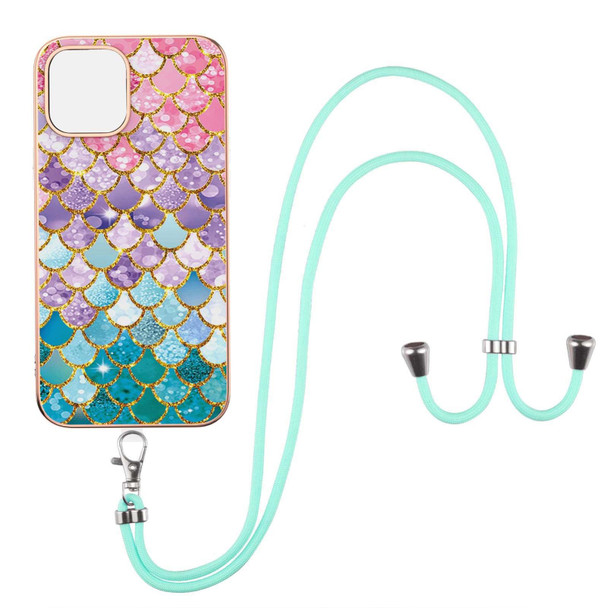 Electroplating Pattern IMD TPU Shockproof Case with Neck Lanyard - iPhone 13 Pro Max(Colorful Scales)