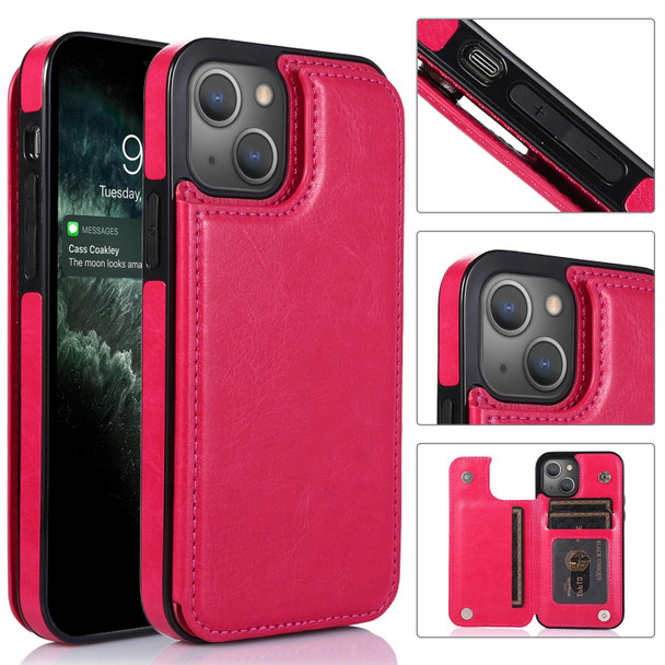 Double Buckle Shockproof PU Protective Case with Card Slots & Holder - iPhone 13 Pro(Rose Red)