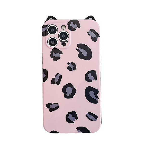 Cat Ear Leopard Print TPU Straight Edge Protective Case with Lanyard - iPhone 12 Pro Max(Pink)