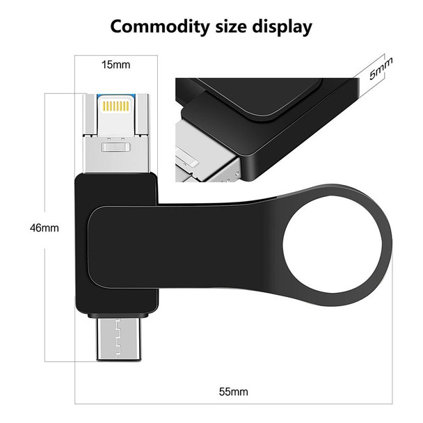 16GB USB 3.0 + 8 Pin + USB-C / Type-C 3 in 1 Mobile Computer Metal U-Disk(Black)