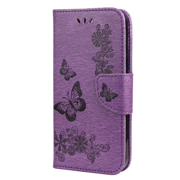 Vintage Embossed Floral Butterfly Pattern Horizontal Flip Leather Case with Card Slot & Holder & Wallet & Lanyard - iPhone 13(Purple)
