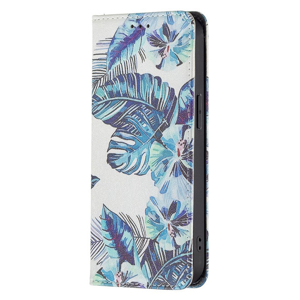 Colored Drawing Pattern Invisible Magnetic Horizontal Flip PU Leatherette Case with Holder & Card Slots & Wallet - iPhone 13 Pro(Blue Leaves)