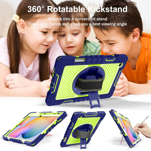 Samsung Galaxy Tab S6 Lite P610/P615 360 Degree Rotation Contrast Color Shockproof Silicone + PC Case with Holder & Hand Grip Strap & Shoulder Strap(Navy+Yellow Green)