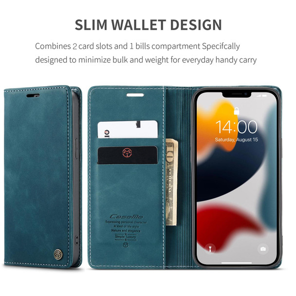 CaseMe-013 Multifunctional Retro Frosted Horizontal Flip Leatherette Case with Card Slot & Holder & Wallet - iPhone 13 Pro(Blue)