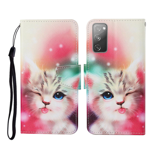 Samsung Galaxy S20 FE Colored Drawing Pattern Horizontal Flip Leather Case with Holder & Card Slots & Wallet & Lanyard(Squint Cat)