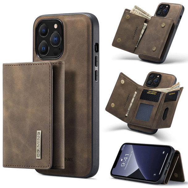 DG.MING M1 Series 3-Fold Multi Card Wallet + Magnetic Shockproof Case with Holder Function - iPhone 13 Pro(Coffee)