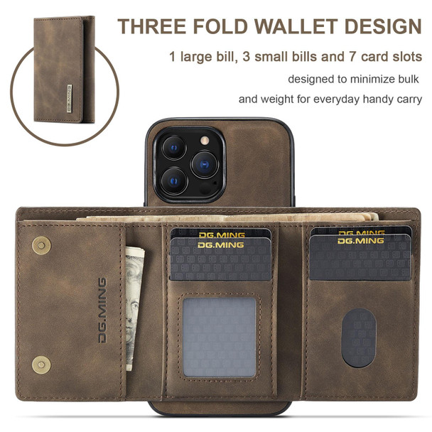 DG.MING M1 Series 3-Fold Multi Card Wallet + Magnetic Shockproof Case with Holder Function - iPhone 13 Pro(Coffee)