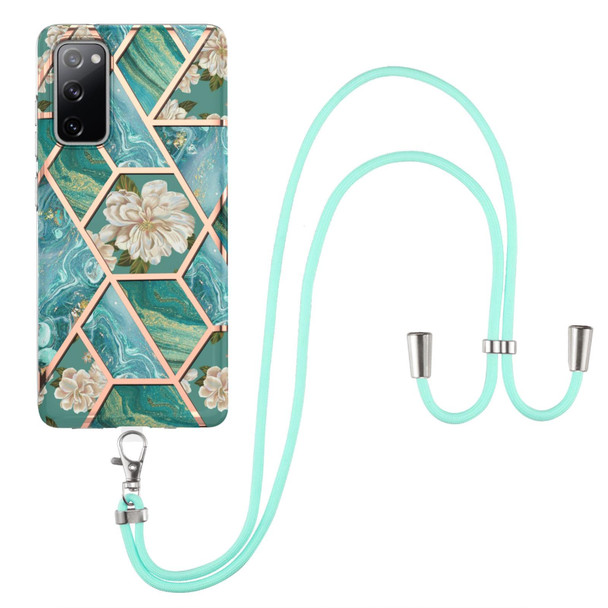 Samsung Galaxy S20 FE 5G / 4G Electroplating Splicing Marble Flower Pattern TPU Shockproof Case with Lanyard(Blue Flower)