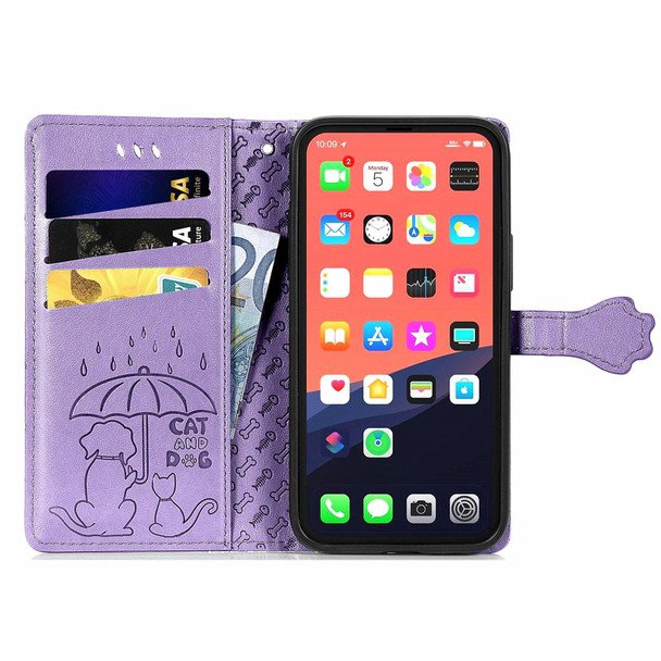 Cute Cat and Dog Embossed Horizontal Flip Leatherette Case with Holder & Card Slots & Wallet & Lanyard - iPhone 13 mini(Purple)