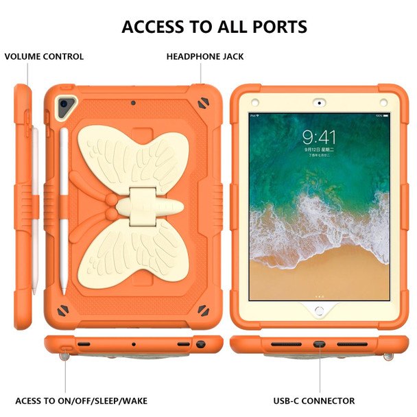 Beige PC + Silicone Anti-drop Protective Case with Butterfly Shape Holder & Pen Slot - iPad 9.7 2018 & 2017 / Pro 9.7 inch / Air 2 / 6(Beige + Kumquat)