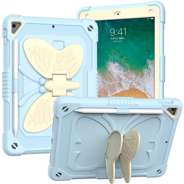 Beige PC + Silicone Anti-drop Protective Case with Butterfly Shape Holder & Pen Slot - iPad 9.7 2018 & 2017 / Pro 9.7 inch / Air 2 / 6(Beige + Ice Crystal Blue)