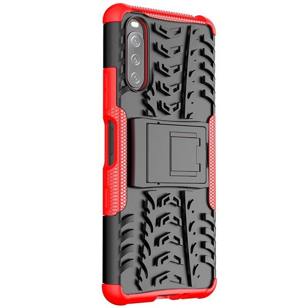Sony Xperia 10 III Tire Texture Shockproof TPU+PC Protective Case with Holder(Red)