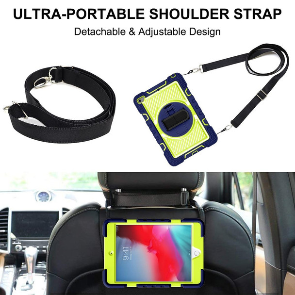 360 Degree Rotation Contrast Color Shockproof Silicone + PC Case with Holder & Hand Grip Strap & Shoulder Strap - iPad mini (2019) / 4(Navy Blue+Yellow Green)