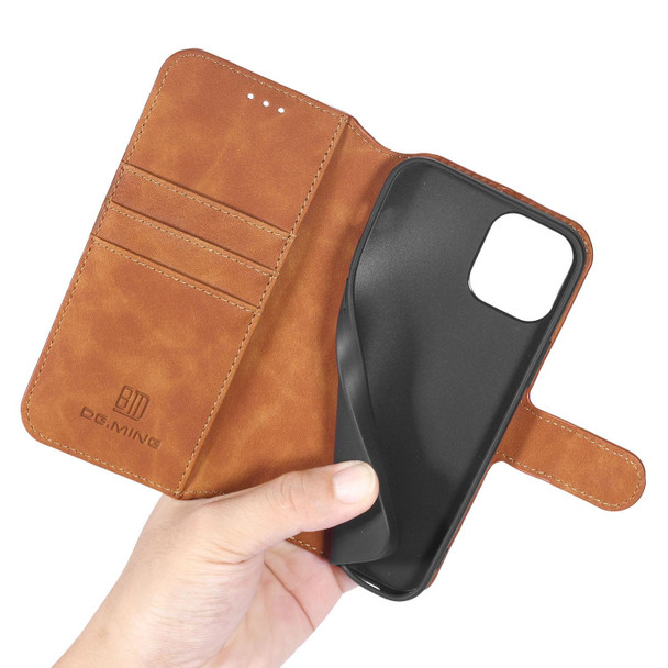 DG.MING Retro Oil Side Horizontal Flip Case with Holder & Card Slots & Wallet - iPhone 12 / 12 Pro(Brown)